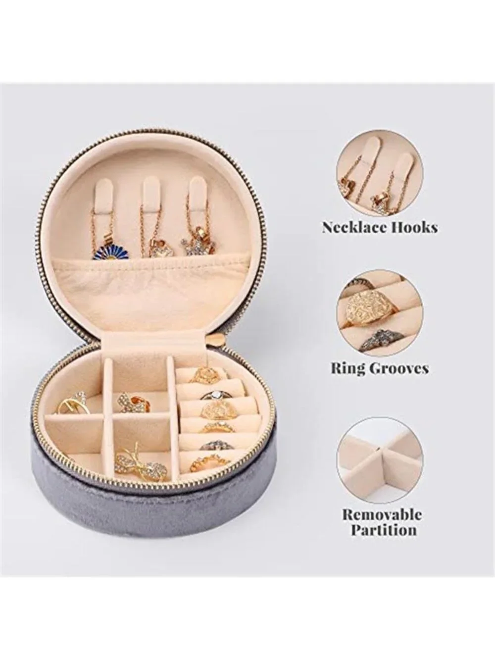 Round Velvet Jewelry Box Small Travel Organizer Case Women Grey Zipper